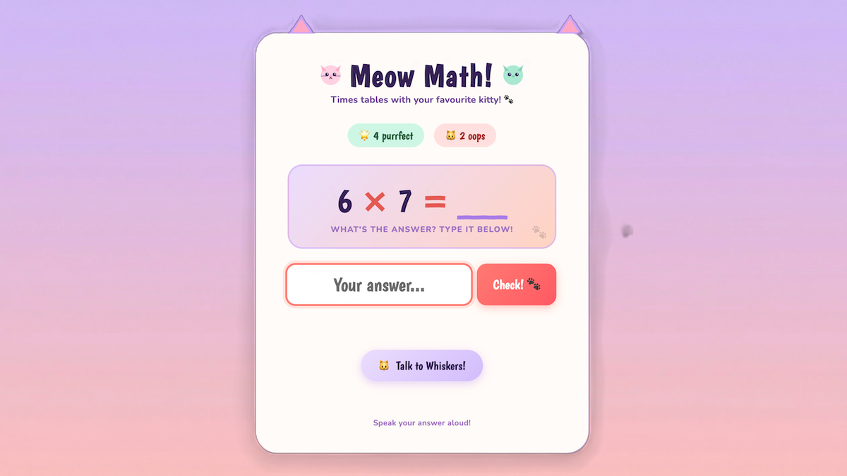 Meow Math app shows a multiplication problem. Features include answer input, check button, and voice interaction.
