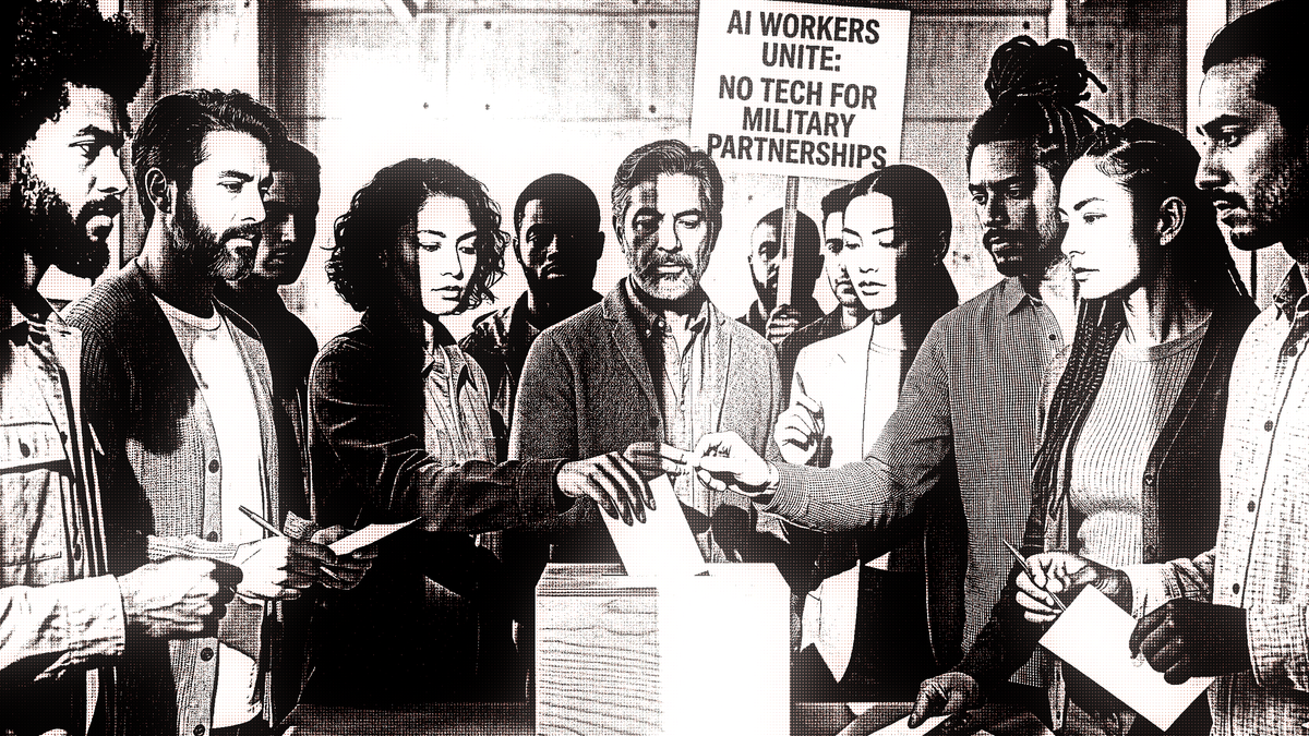 Diverse group of workers casting votes in a ballot box, protesting AI use in military tech partnerships.