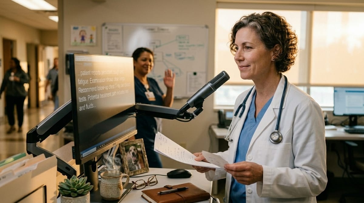 Doctor in white coat reads patient notes while speaking into a microphone in a medical office.