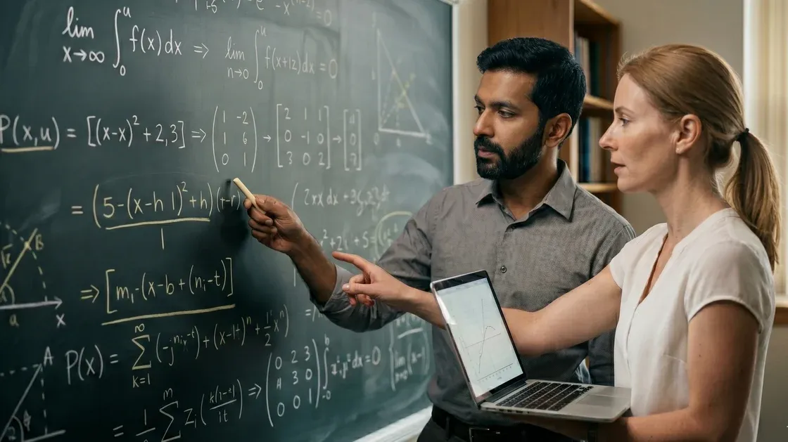 Professor solves calculus on the chalkboard, discussing results with a colleague, reinforcing effective learning.