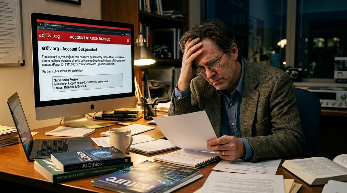 Frustrated man reviews papers as a computer screen shows "arXiv.org Account Suspended" due to AI policy violations.