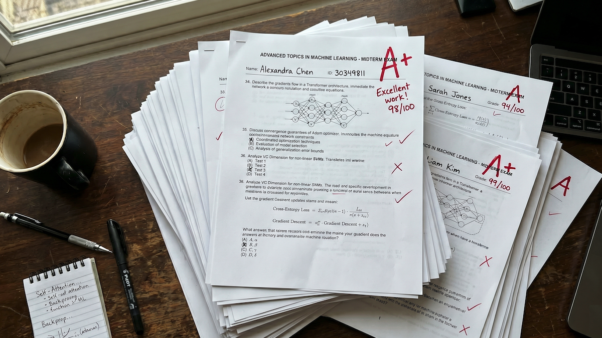 Stack of graded machine learning exams on a desk, highlighting scores and feedback, next to pen and coffee mug.
