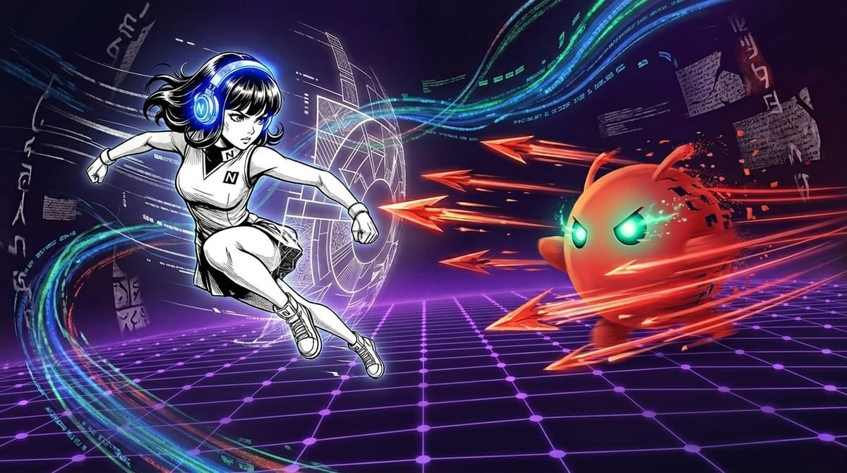 Anime-style character sprints with speed towards a glowing adversary in a high-tech digital environment.