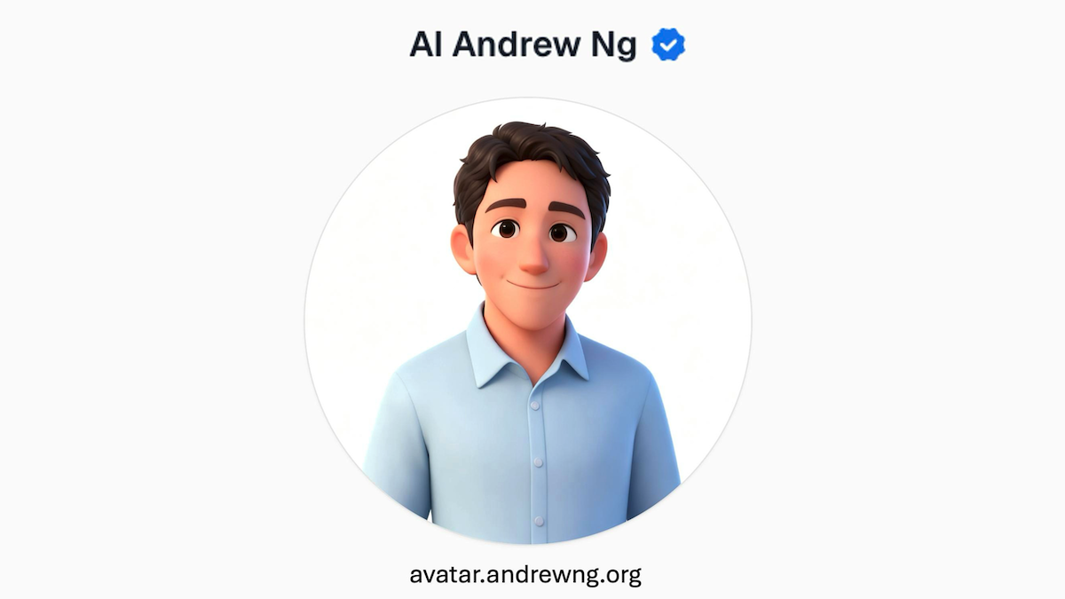 Illustrated avatar of Andrew Ng in a light blue shirt, with a verified badge, representing AI Andrew.