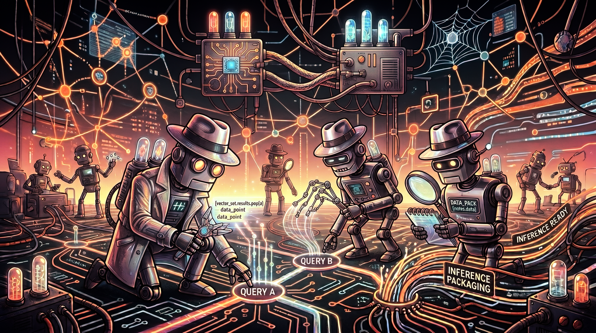 Robots inspect network data with magnifying glasses, showcasing AI's role in data analysis and query processing.