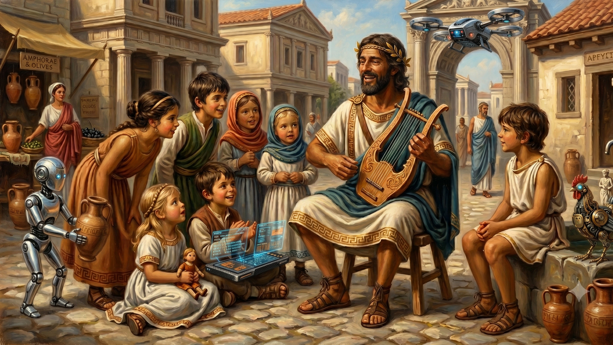 Blending history with technology, a Greek marketplace scene with a lyre player, kids, drone, and robot assistant.