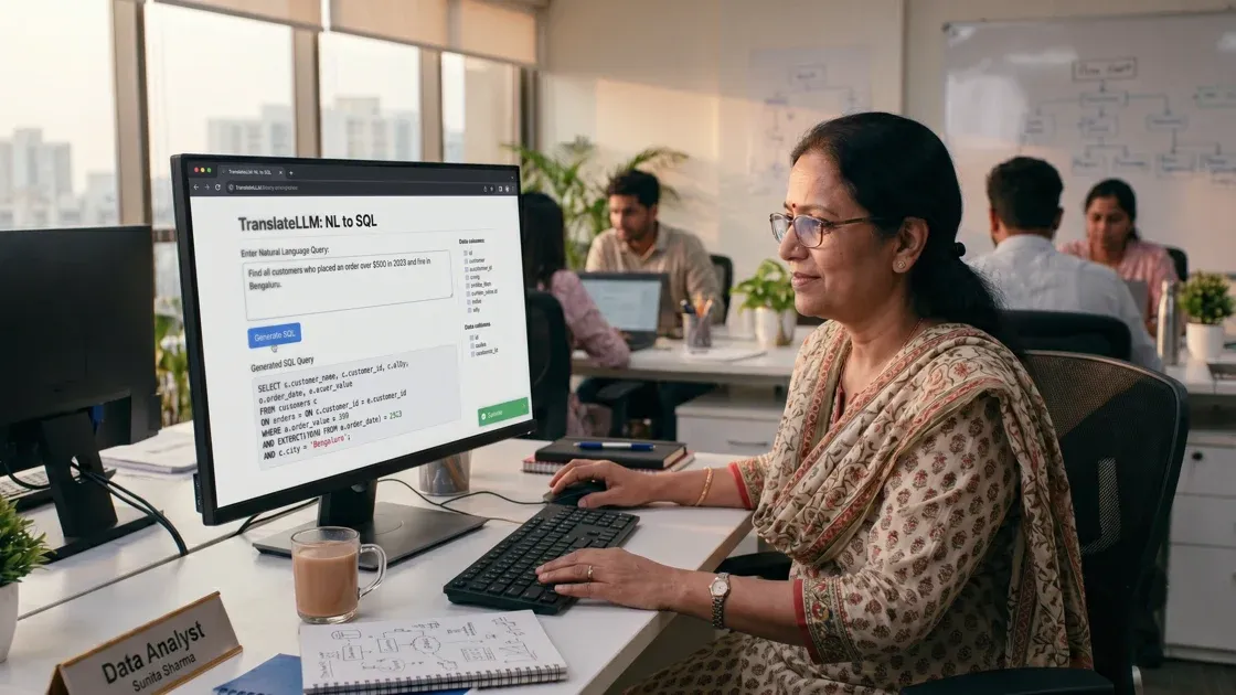 Female data analyst uses TranslateLLM tool to convert natural language to SQL in modern office setting.