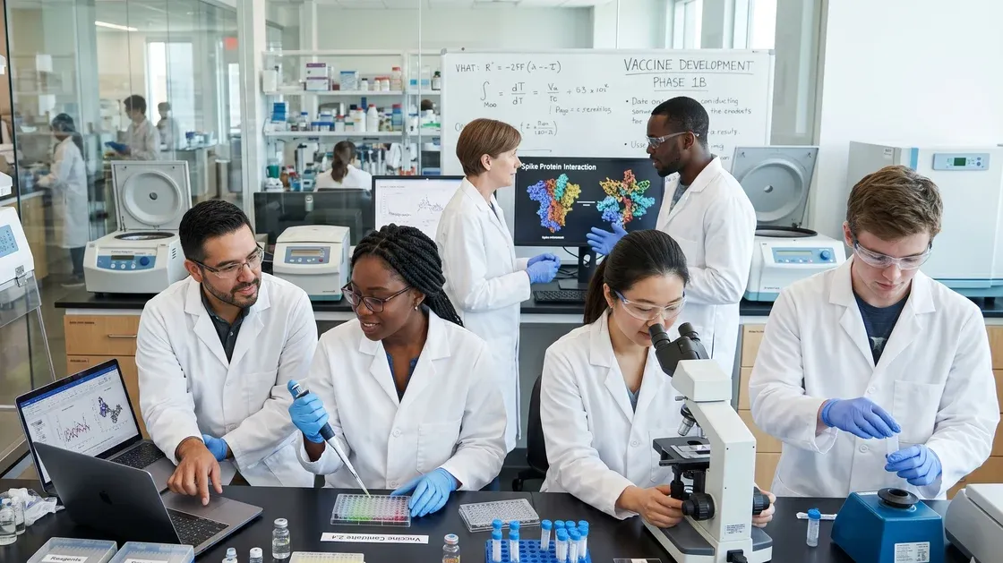 Scientists collaborate in a lab, using pipettes and computers for vaccine development research, wearing lab coats.