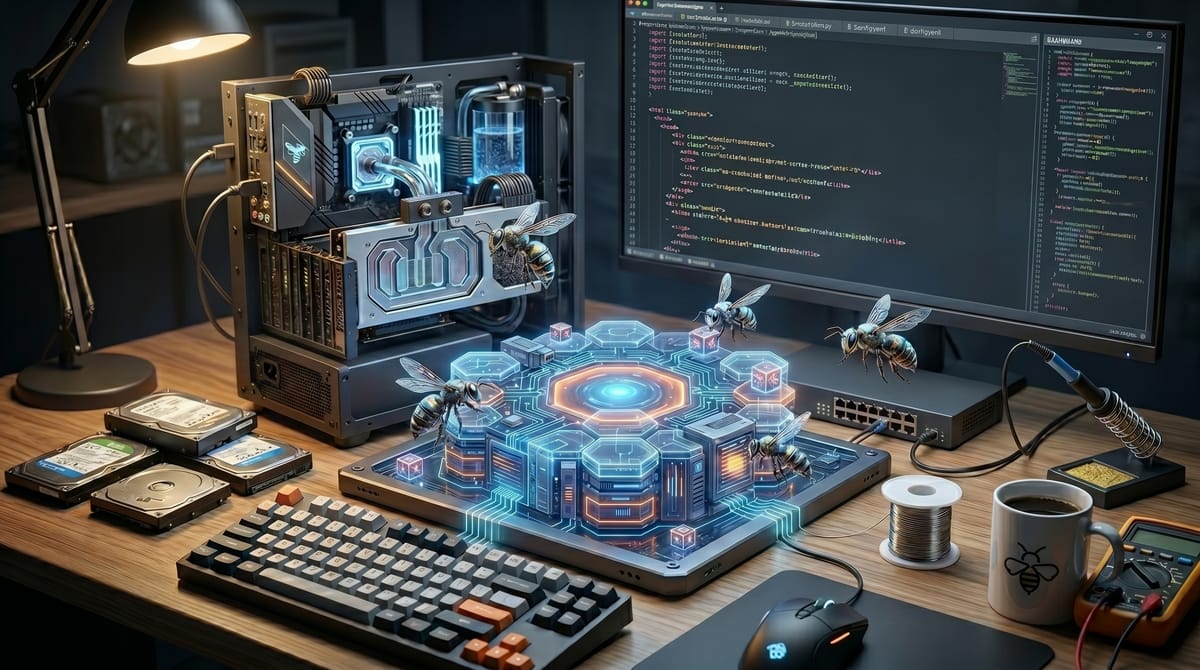 Futuristic computer setup with holographic interface, buzzing bees, and coding monitor, showcasing tech innovation.