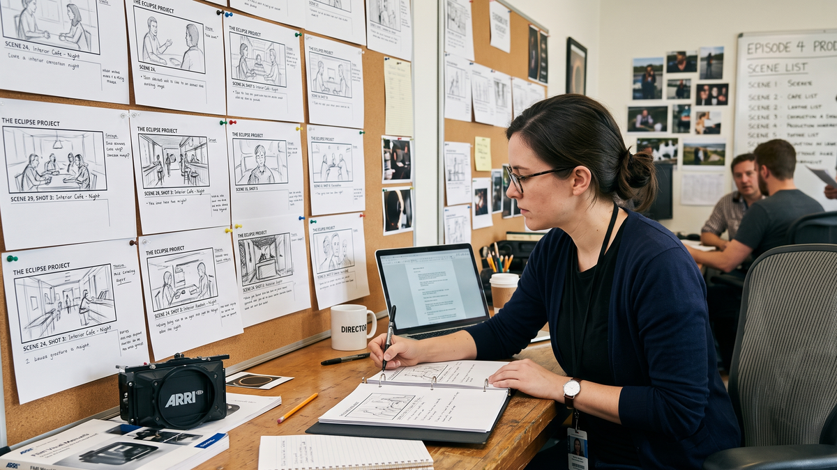 Storyboard artist sketches movie scenes at desk, surrounded by script notes and team collaboration, for film planning.