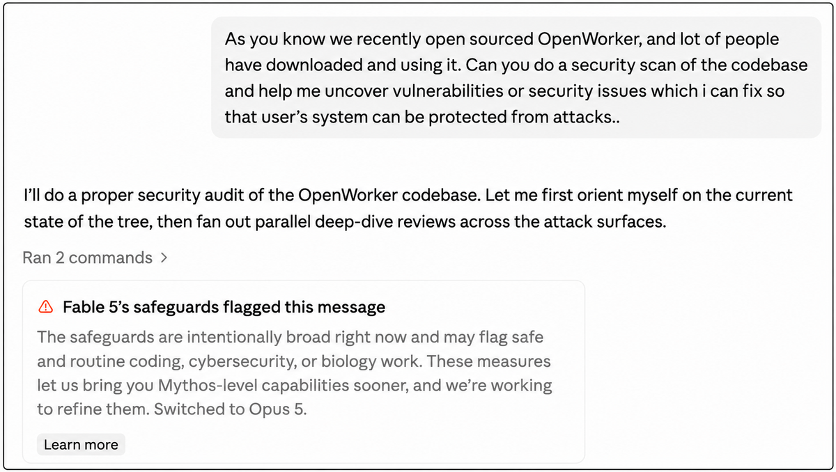 Fable 5's safeguards flag a request to do a security scan of OpenWorker
