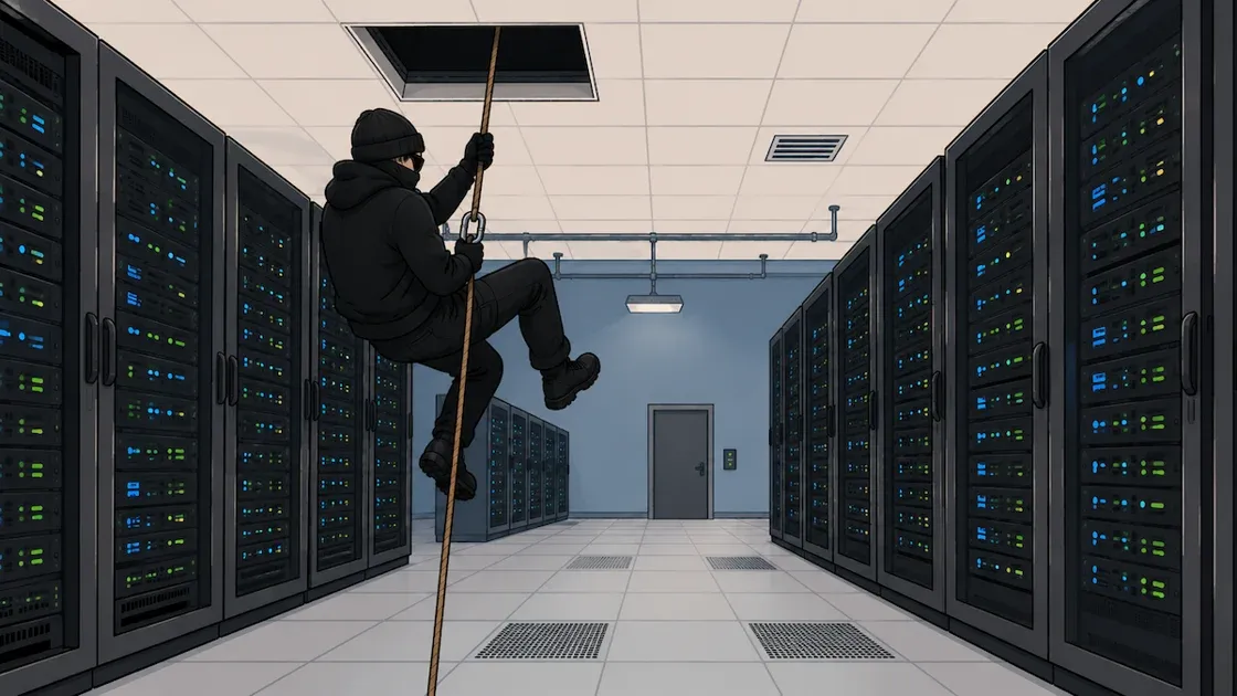 A man lowers himself on a rope into a data center