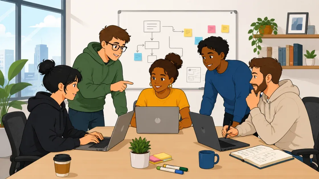 Diverse team collaborates on laptops in modern office with whiteboard flowchart, enhancing productivity and teamwork.