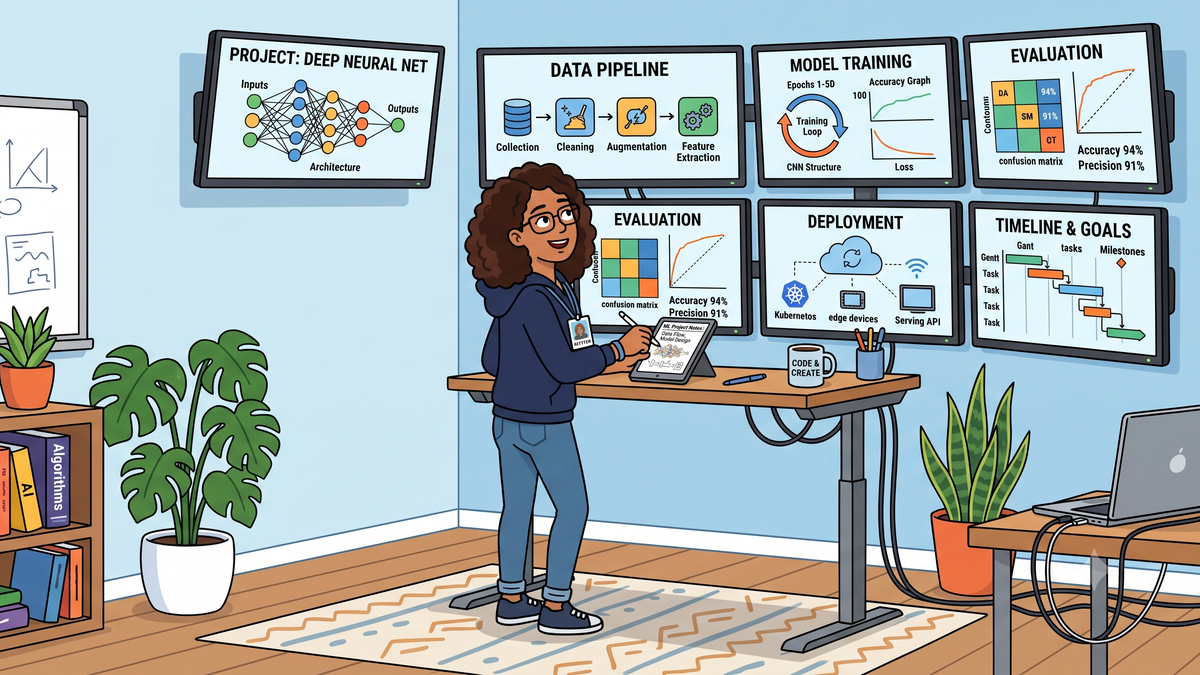 Woman analyzing neural network project on multiple screens in a tech office. Keywords: neural network, data pipeline.