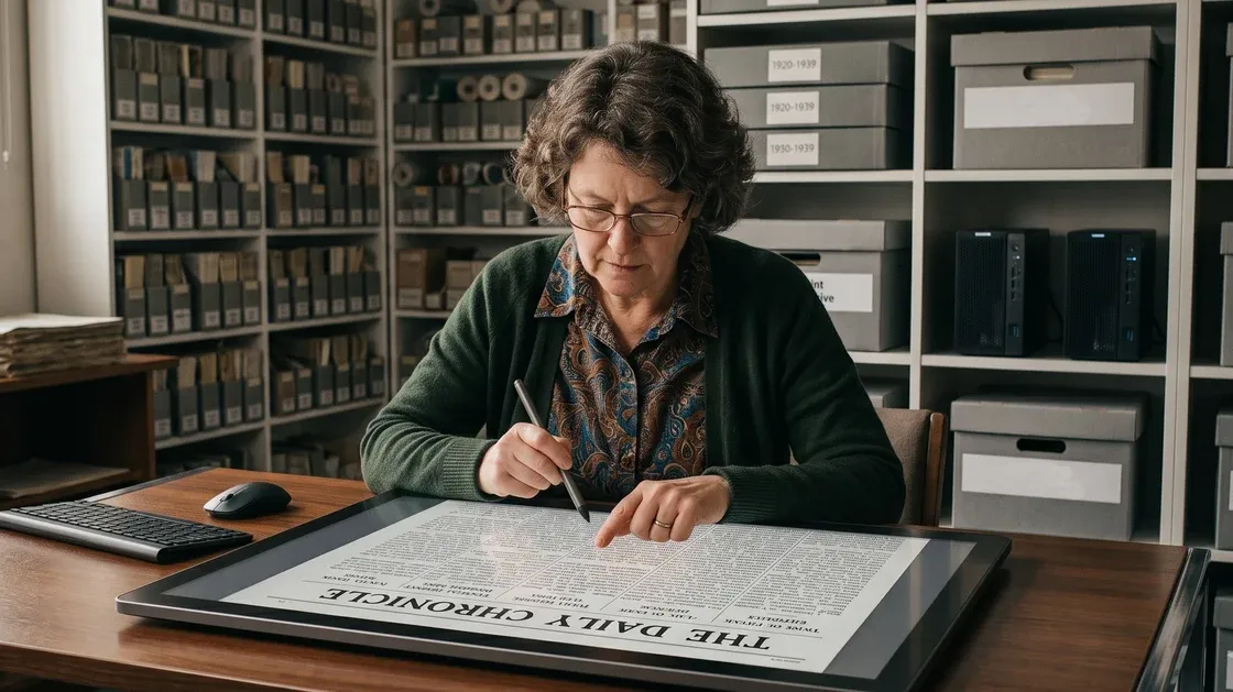 Researcher digitizing newspapers on tablet for archival accuracy, in document storage room with organized boxes.