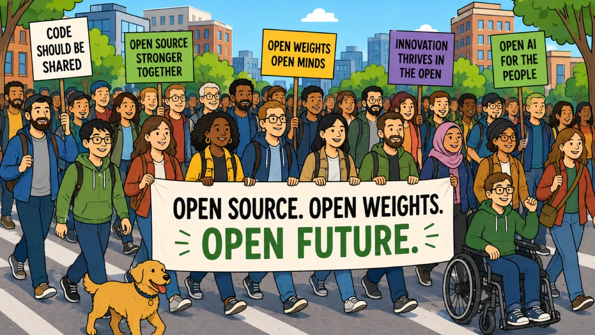 A rally for open weight / open source AI with leaders bearing a banner that reads "open source, open weights, open future"
