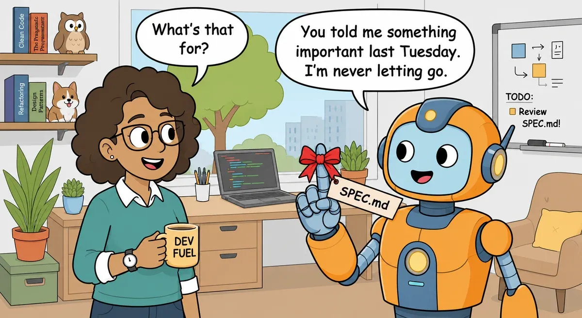 A robot wears a bow around its finger with SPEC.md attached to it. The developer asks "What's that for?"; The robot says "You told me something important last Tuesday. I'm never letting go."