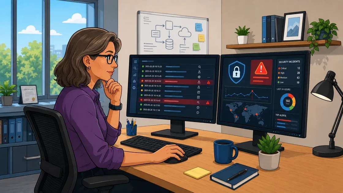 Professional reviews security incident alerts and analytics on screens, focusing on potential threats and data security.