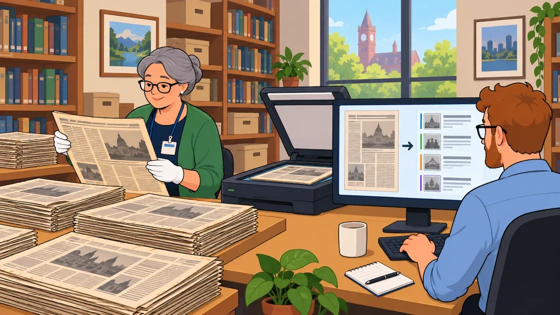 Archivist scanning newspapers, digital conversion process on a computer in a library setting, historical preservation.