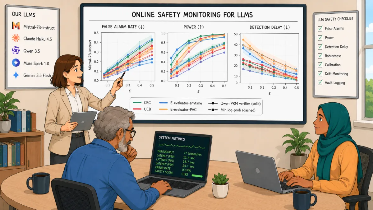 A woman presents LLM safety charts to two colleagues, illustrating CRC Monitor's effectiveness visually.