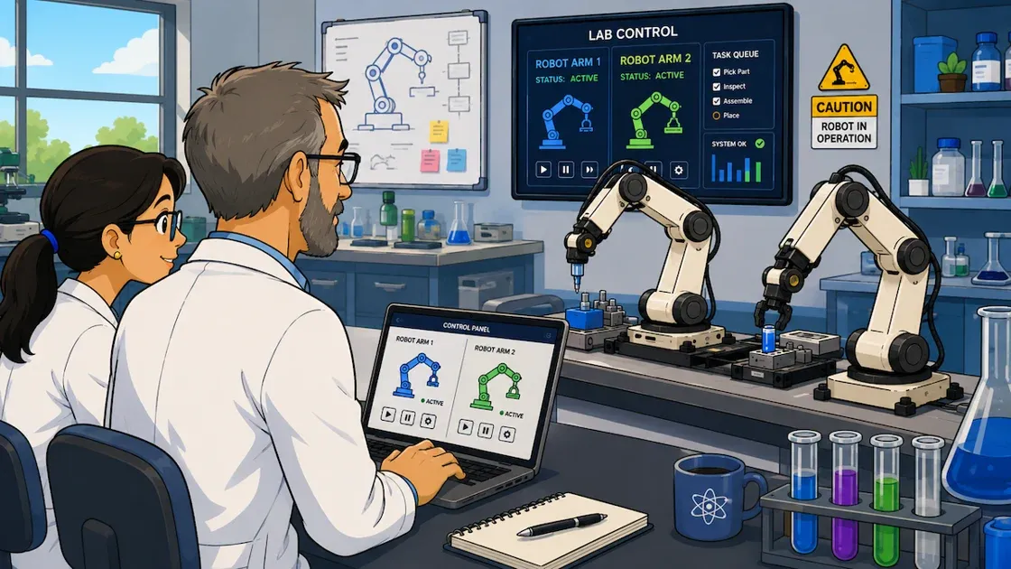 Modern lab with robotic arms and control systems for automation study. Scientists analyze progress and efficiency.