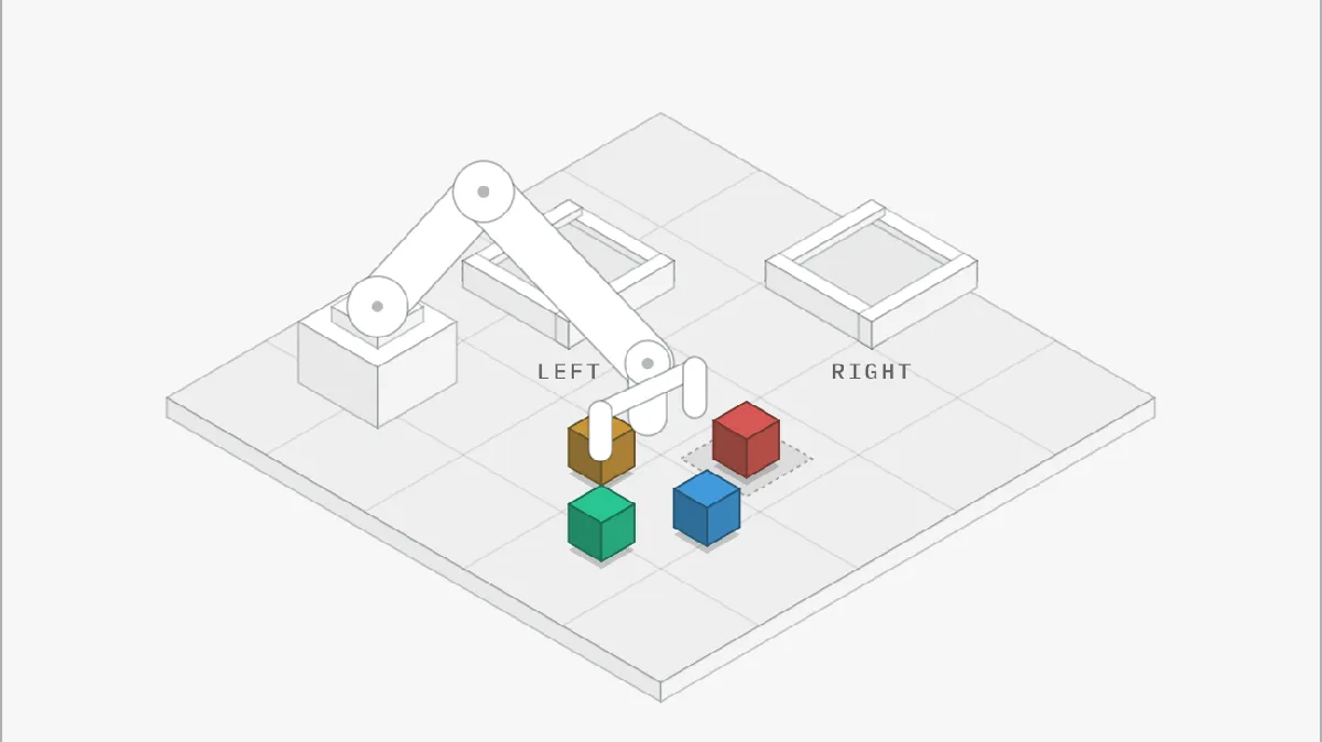 Colored blocks on a grid under a robotic arm, labeled left and right, reflect robotics advancements.