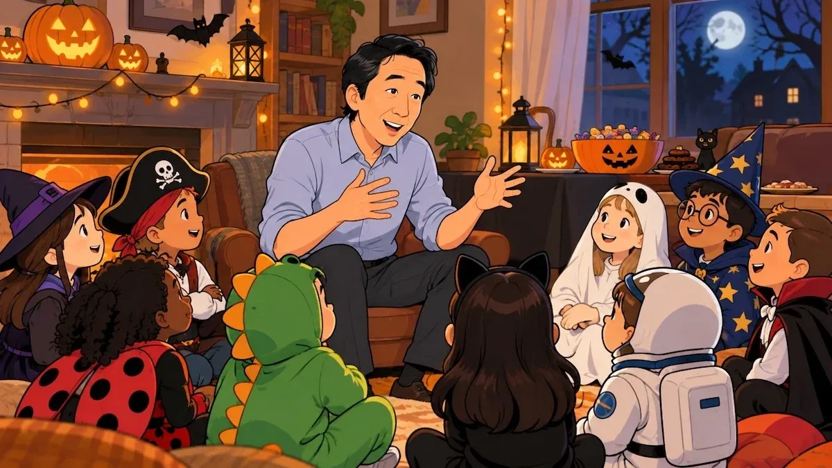 Andrew Ng telling stories to children in Halloween costumes.