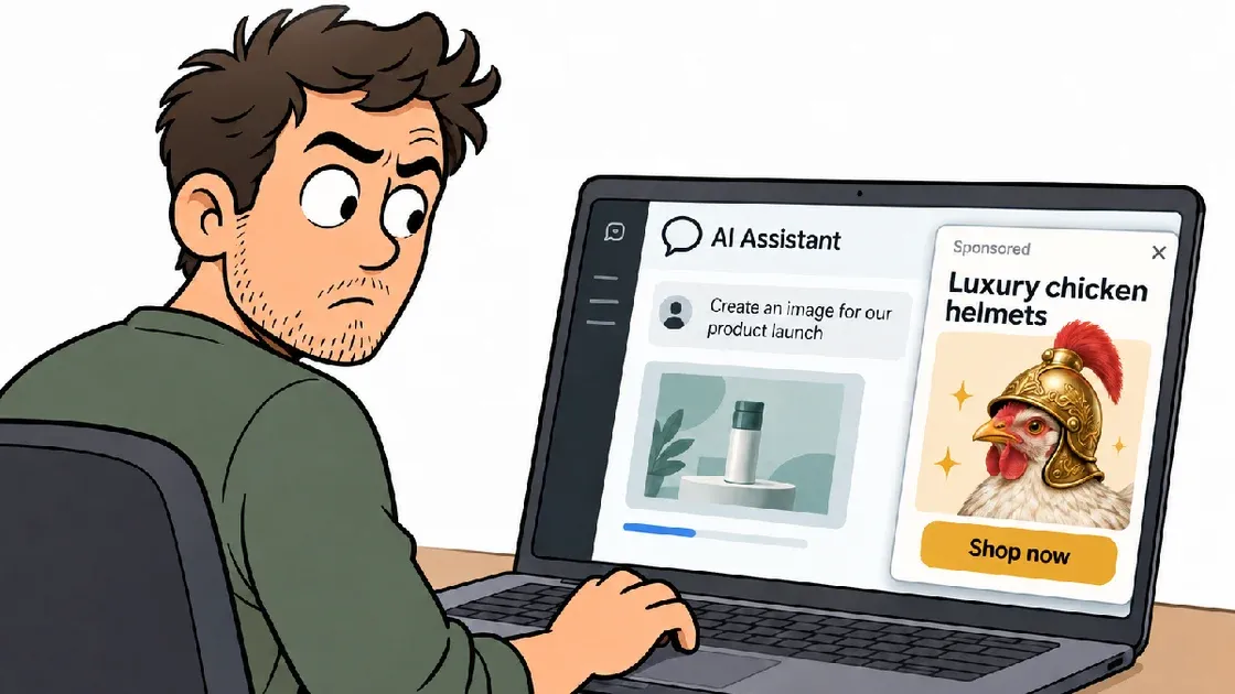 Man looking at laptop screen with AI assistant task and humorous chicken helmets ad. Keywords: AI task, chicken helmets ad.