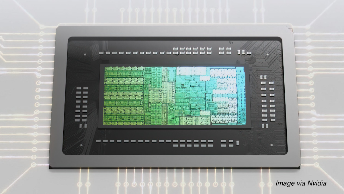 NVIDIA AI chip close-up showing intricate circuitry patterns and color variations, highlighting advanced technology.