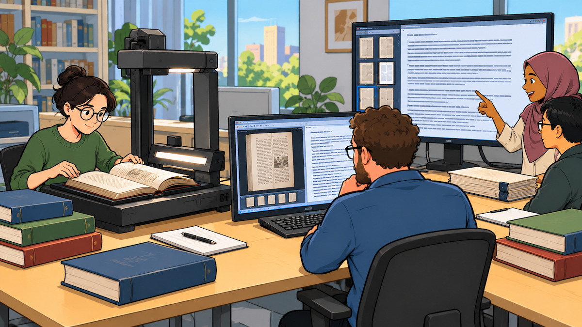 Modern library scene focused on digital archiving; team uses scanner, computers, books for preservation project.