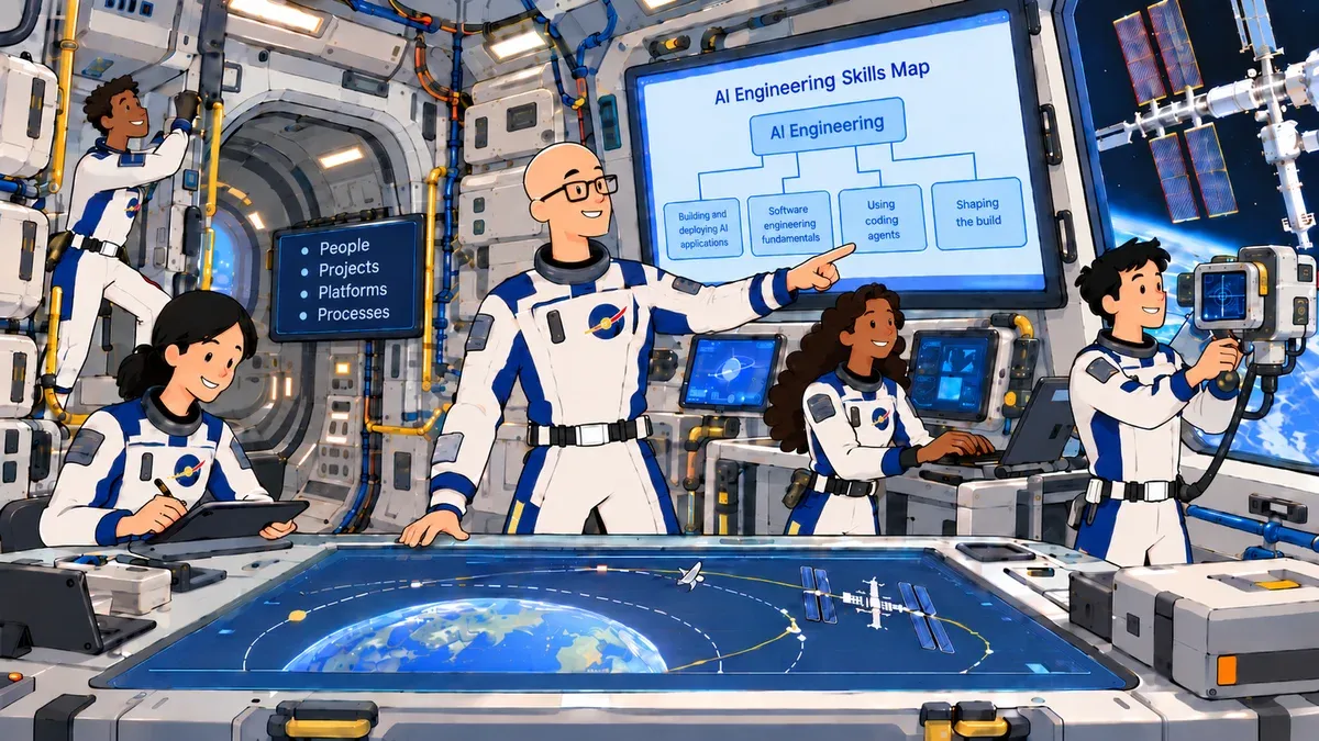 A team of engineers works on a space station lab, with the AI Engineering skills map and People, Projects, Platforms, Processes on monitors behind them