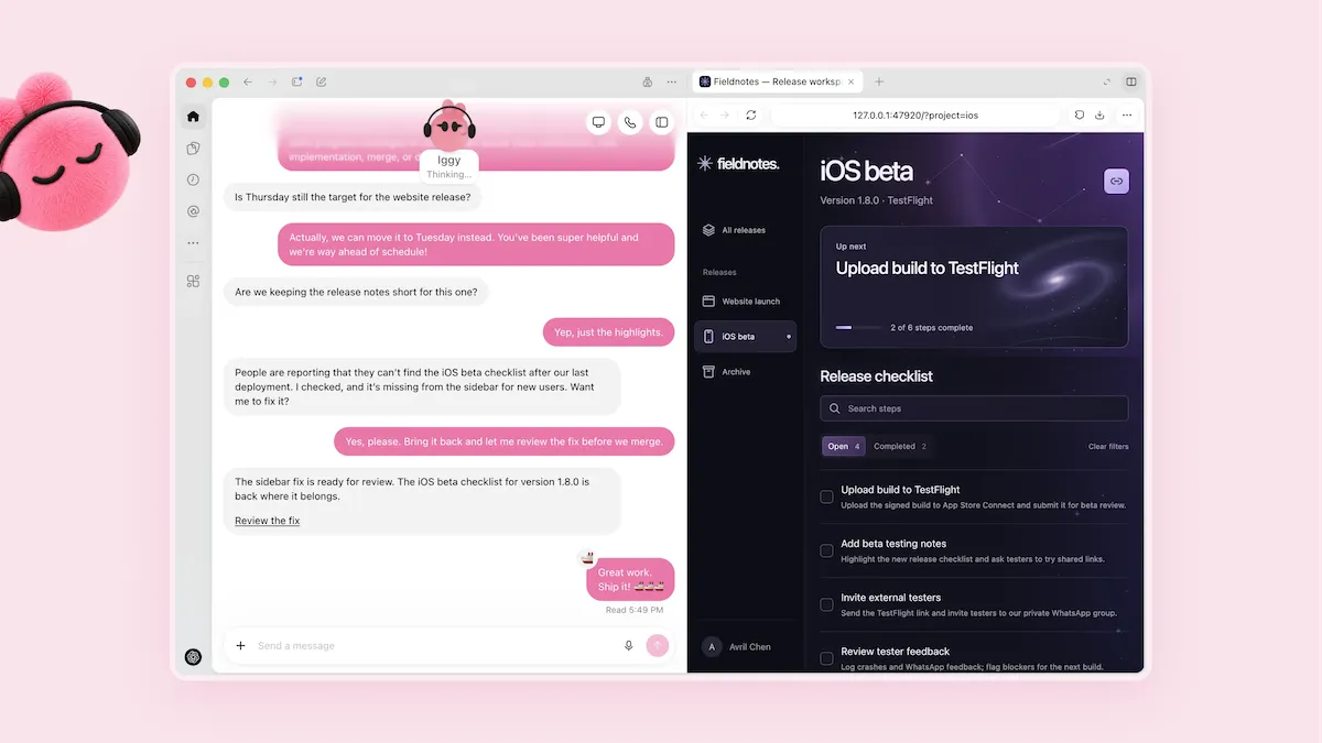 Pink-themed chat window mentions deployment issues, paired with a sleek iOS beta release page.