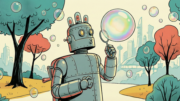 A robot holds a bubble wand, surrounded by bubbles and colorful trees, with a futuristic city skyline.