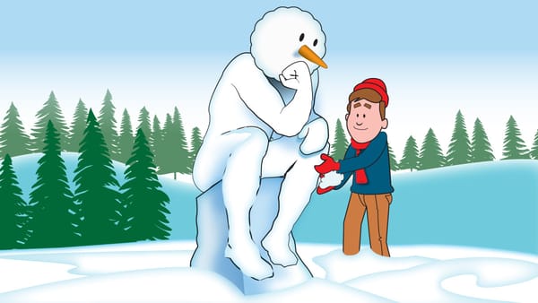 Snowman in Thinker pose on snowy landscape, with a person building it.