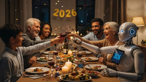 Family and friendly robot celebrating New Year 2026 with dinner, toasting wine glasses, festive atmosphere.