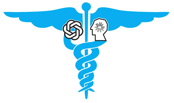 A blue caduceus with AI logos, representing OpenAI and Anthropic's healthcare innovations.