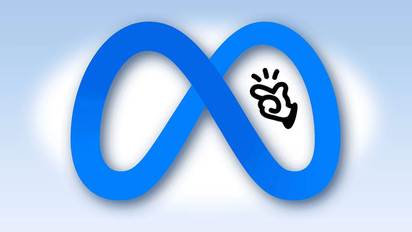 Meta's infinity loop logo adorned with a snapping hand icon on a light gradient background.