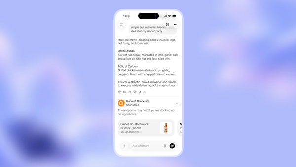ChatGPT interface on a phone displays a conversation and a sponsored grocery ad at the bottom of the screen.