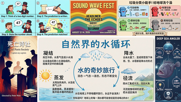 Collage with comic strip, concert poster, diagrams on water cycle and trash sorting, and movie poster.