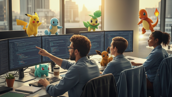 Office environment with developers coding, featuring Pokemon for a playful tech workspace atmosphere.