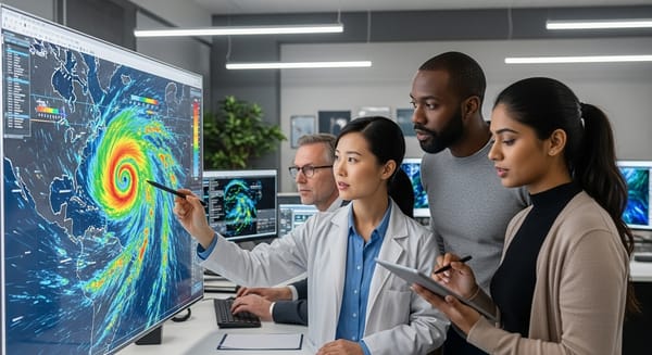 Meteorological experts collaborate in tech lab to assess hurricane data, enhancing storm prediction and analysis.