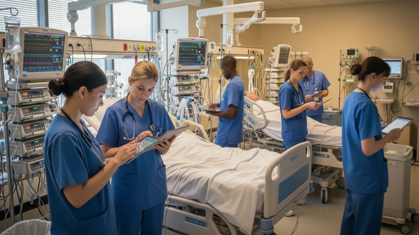 Nurses in blue scrubs using tablets in a hospital ICU, surrounded by medical equipment and patient monitors.