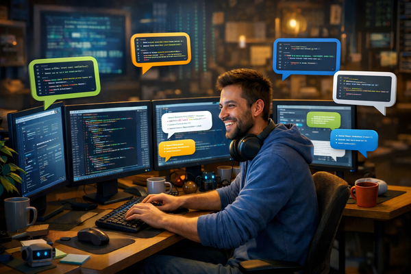 Man working on multiple monitors with code and chat bubbles.