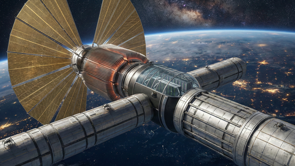 Futuristic spacecraft with solar panels orbiting Earth.