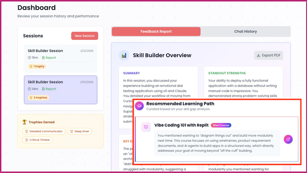 Screen displays past Skill Builder sessions, feedback report, and a recommended course.