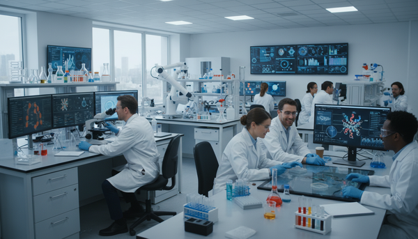 Scientists in a modern lab analyzing data on screens, using microscopes and test tubes for research study.