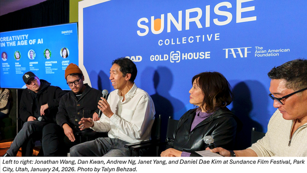 Andrew Ng speaks into a microphone during a panel on AI creativity at Sundance Film Festival.