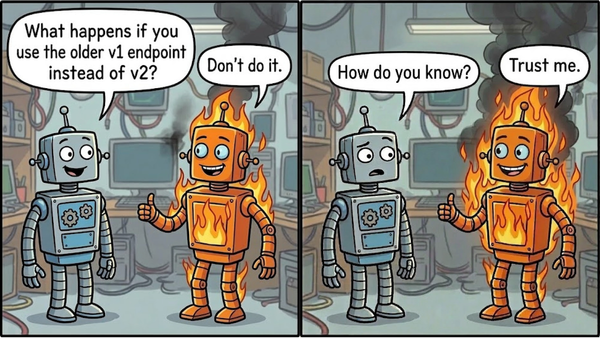 A blue robot asks about an older endpoint; the orange robot on fire advises against it in a tech setting.