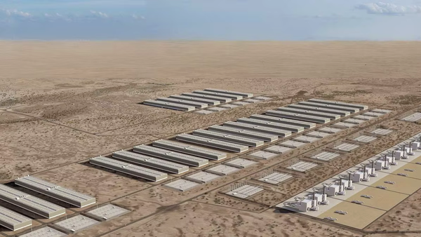 Aerial view of large data centers and power plants in a desert landscape, highlighting off-grid construction.