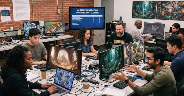 Team collaborates on AI image generation competition with diverse digital art displayed on monitors in office setting.